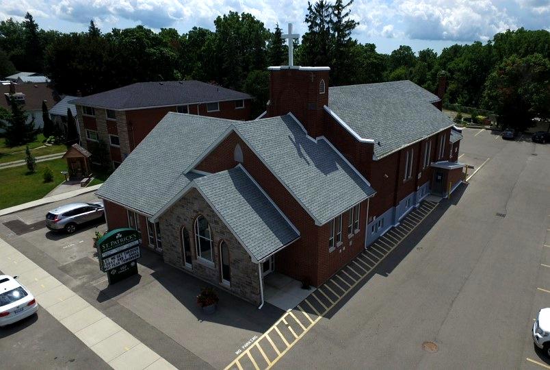 Roof replacement by Gateway Roofing on Orkney St E in Caledonia for St. Patricks Church with GAF Timberline HDZ shingles. Colour: Birchwood